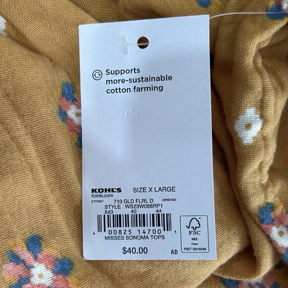 NEW SONOMA Womens XL LS Peasant Floral Cottagecore Blouse Mustard Cotton Top - Picture 7 of 10